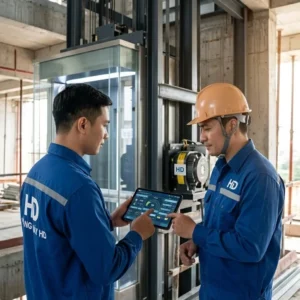 Kỹ thuật viên Thang Máy HD đang tư vấn giải pháp thang máy trung tâm thương mại