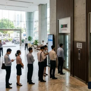 Hệ thống thang máy vận chuyển hành khách công cộng giúp tối ưu lưu thông giờ cao điểm.