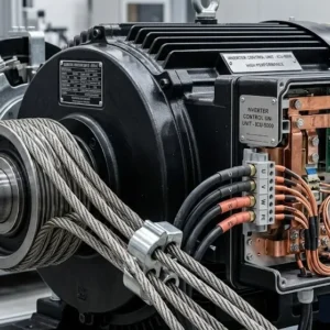 Cận cảnh máy kéo và linh kiện cao cấp của thang máy vận chuyển hành khách công cộng.