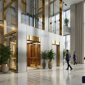 Tổng quan mẫu thang máy văn phòng 1000kg sang trọng lắp đặt tại tòa nhà hiện đại TPHCM