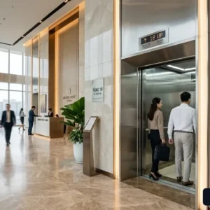 Mẫu thang máy văn phòng 800kg hiện đại với thiết kế cabin inox gương sang trọng tại sảnh tòa nhà