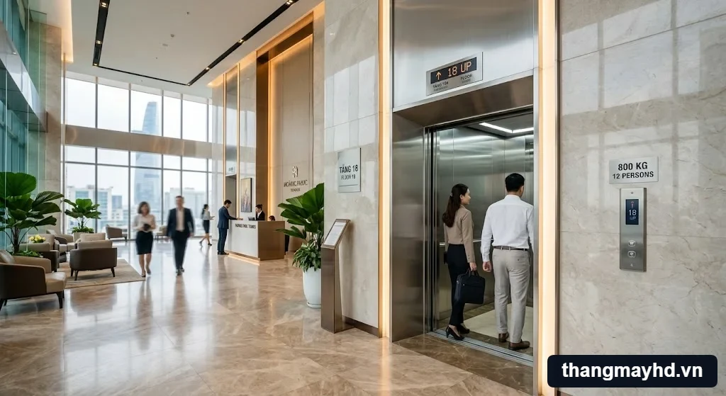 Mẫu thang máy văn phòng 800kg hiện đại với thiết kế cabin inox gương sang trọng tại sảnh tòa nhà Mẫu thang máy văn phòng 800kg hiện đại với thiết kế cabin inox gương sang trọng tại sảnh tòa nhà