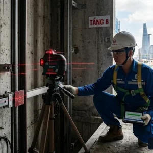 Kỹ thuật viên Thang Máy HD khảo sát bằng laser trước khi lắp đặt thang máy văn phòng 800kg