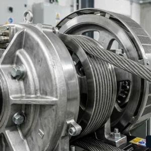 Chi tiết động cơ không hộp số và cáp tải của thang máy văn phòng cao tầng