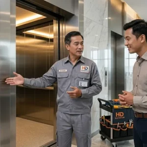 Chuyên gia kỹ thuật đang tư vấn vận hành thang máy văn phòng tải khách cho khách hàng