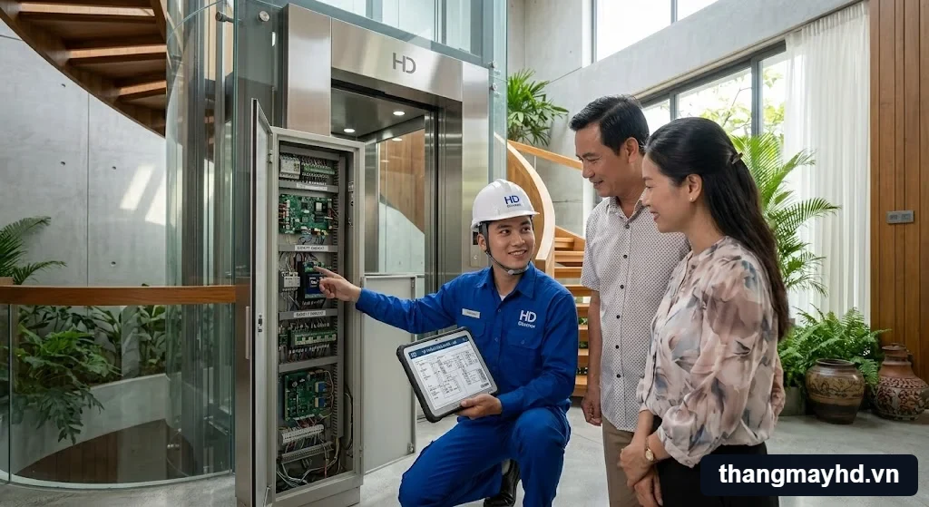 Kỹ thuật viên tư vấn phương án thi công thang máy 2 tầng cho khách hàng tại TPHCM
