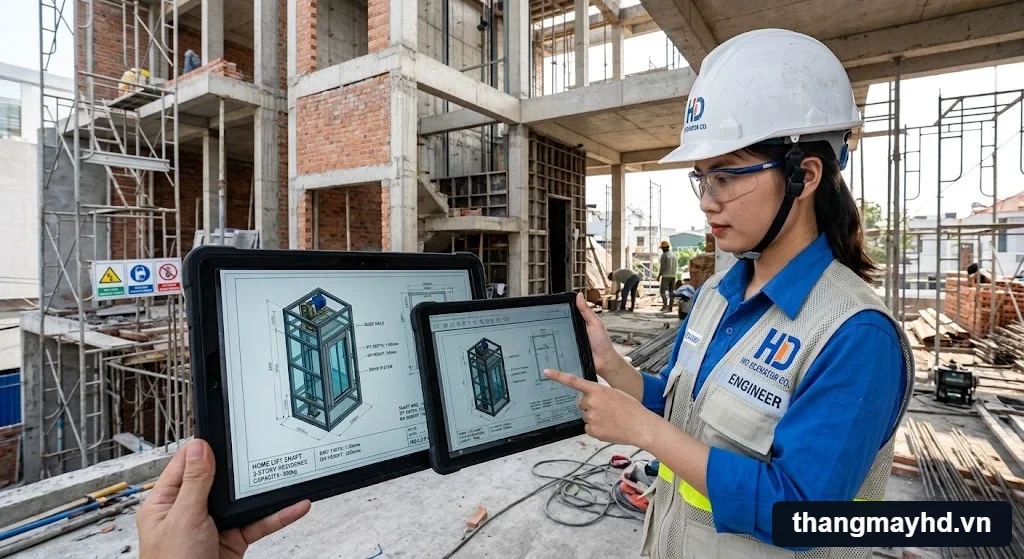 Phân tích thông số kỹ thuật và bản vẽ khi thi công thang máy 3 tầng