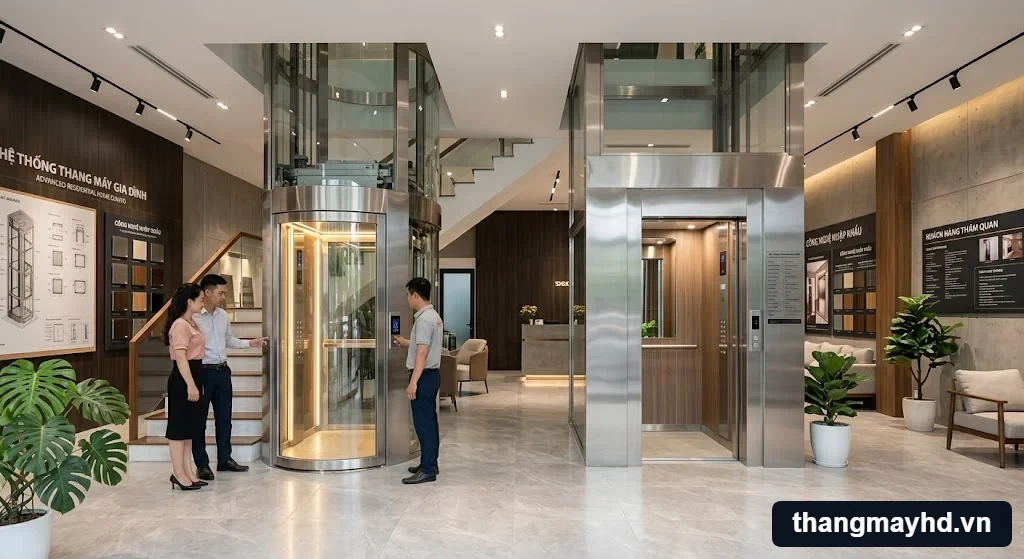 Các dòng máy phù hợp khi thi công thang máy nhà 4 tầng hiện nay.