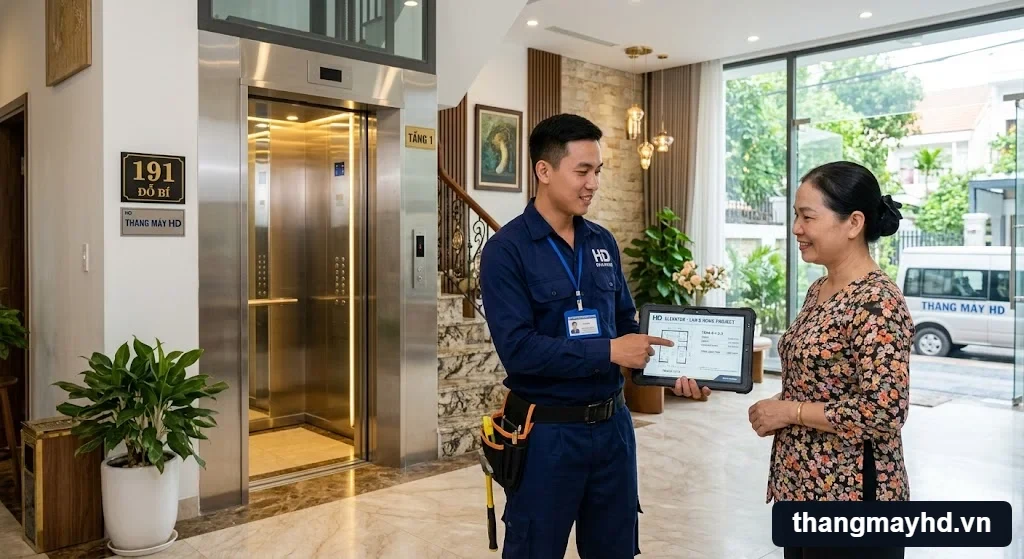 Chuyên gia tư vấn giải pháp thi công thang máy nhà 4 tầng cho khách hàng.